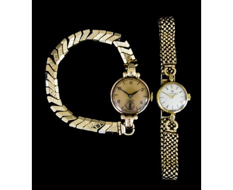 A Lady's Manual Wind Wristwatch, by Omega, 9ct gold case, 18mm diameter, silver dial with gold baton numerals, conforming 9ct