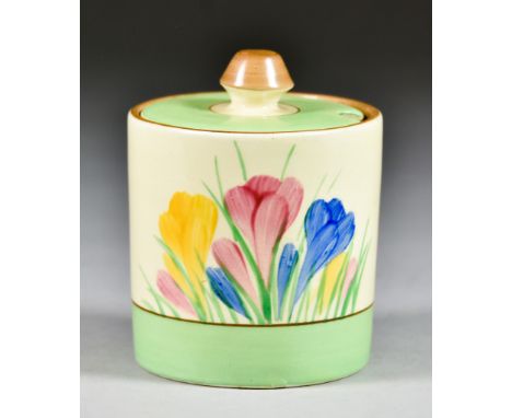 A Clarice Cliff Spring Crocus Small Drum-Pattern Preserve Pot and Cover, Circa 1936, 3.75ins high overall, with green 'Claric