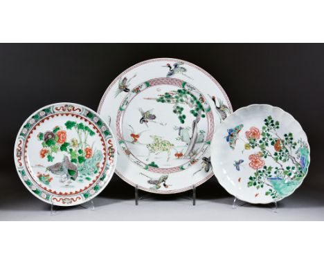 Two Chinese Famille Verte Porcelain Plates, Kangxi Period, one painted with deer and birds in a landscape with pine tree, 12.