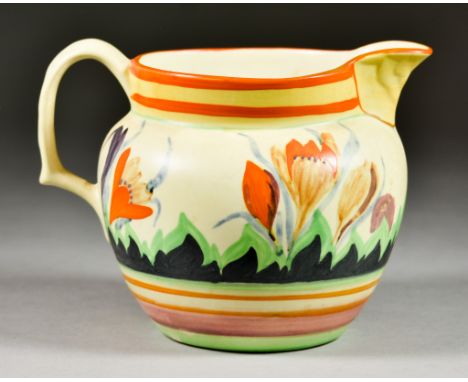 Clarice Cliff 'Perth' Jug Decorated in 'Gloria' Crocus Pattern, Circa 1930s, painted with crocuses between striped bands, 7in