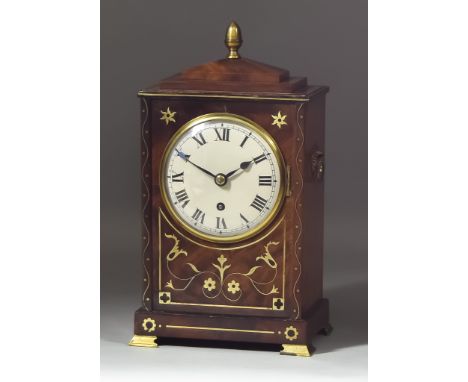 A 19th Century Mahogany Cased Mantel Clock, the 5ins diameter slightly domed dial with Roman numerals, to the eight day singl