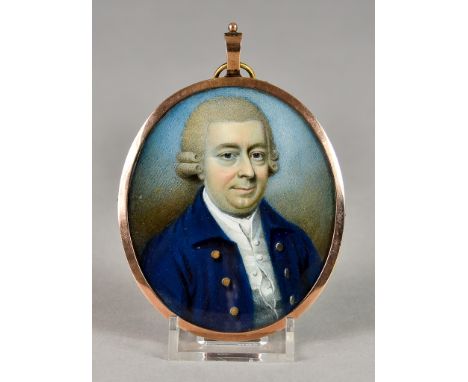 18th/19th Century English School - Miniature - Shoulder length portrait of a gentleman wearing a blue coat and wig, with hair