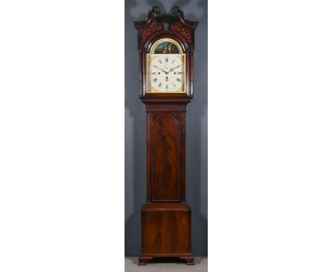 A Late 18th Century Mahogany Musical Longcase Clock by John Porthouse of Penrith, the 14.5ins arched painted dial with Roman 