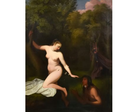 Mid 19th Century English School - Oil painting - Scene from Ovid's "Metamorphoses" of Diana and Acteon, Diana here emerging f