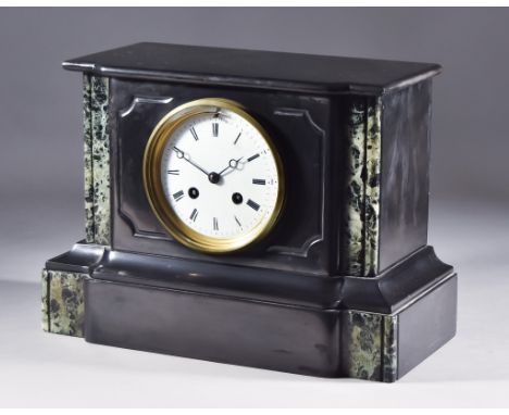 A Late 19th Century French Black and Green Veined Marble Cased Mantel Clock No.1082, the 3.75ins diameter white enamel dial w