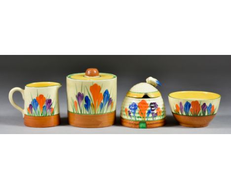 A Selection of Clarice Cliff Crocus Pattern, including miniature tankard-shaped jug, 2.5ins high, and a sugar basin, 3.25ins 