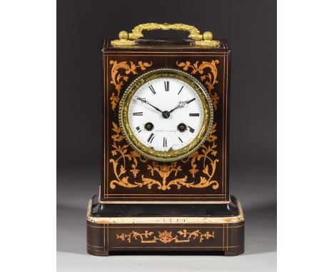 A Late 19th Century French Stained Wood and Marquetry Mantel Clock by Rochet of Paris, the 3.25ins white enamel dial with Rom