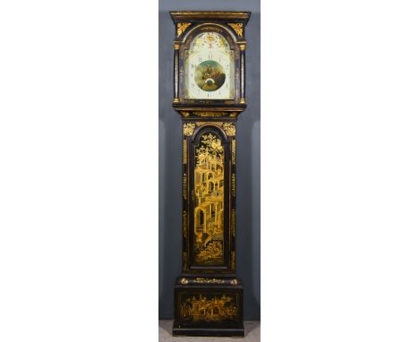 A 19th Century Black Japanned and Gilt Decorated Longcase Clock by William Smith of Crowland, the 12ins arched painted dial w