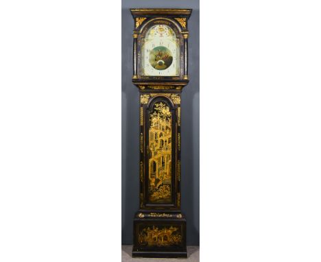 A 19th Century Black Japanned and Gilt Decorated Longcase Clock by William Smith of Crowland, the 12ins arched painted dial w