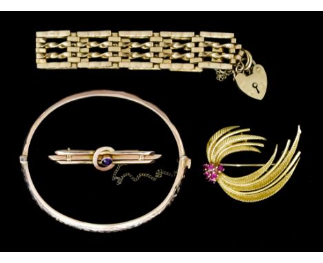 A Mixed Lot of 9ct Gold, comprising - hollow stiff bangle, approximately 180mm in length, gem set bar brooch, 42mm, gem set b