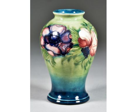 A Moorcroft Pottery Baluster-Shaped Vase, tube-lined and decorated in 'Anemone' pattern, on mottled light green ground, 6.25i