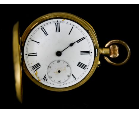 A Keyless Half Hunting Cased Pocket Watch, 18ct gold case, 48mm diameter, white enamelled dial with Roman baton numerals (han
