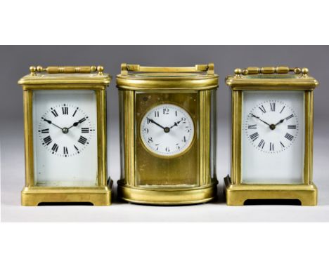 Three Early 20th Century French Carriage Timepieces, one with 1.75ins white enamel dial with Arabic numerals to the eight day