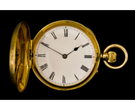 An 18ct Gold Full Hunting Case Keyless Fob Watch, gold case, 42mm diameter, white enamel dial with black Roman baton numerals
