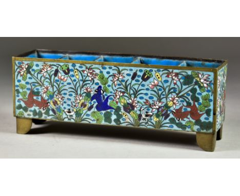 A Chinese Cloisonne Rectangular Five Division Trough enamelled with birds and fish amongst  flowers 9.375ins ( 23.7cm) x 2.62