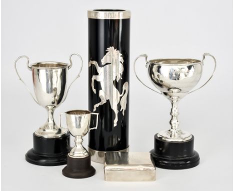 An Elizabeth II Silver Mounted and Ebonised Cylindrical Vase and Mixed Silverware, the vase by Otiwell Silversmiths &amp; Jew