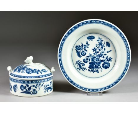 A Worcester Blue and White Porcelain Butter Tub, Cover and Stand, Circa 1775, printed with the three flowers patterns, butter