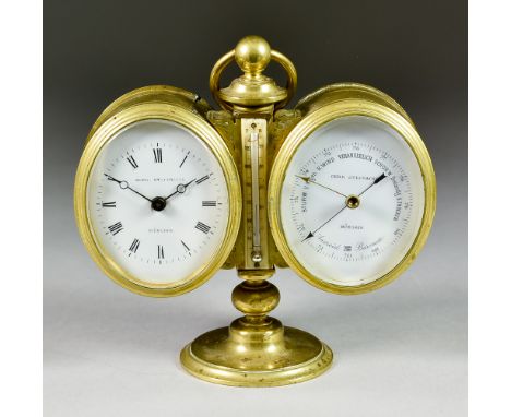 A German Brass Cased Desk Compendium of Clock, Barometer and Aneroid Thermometer, by Gebr Steppacher of Munich, with twin ova