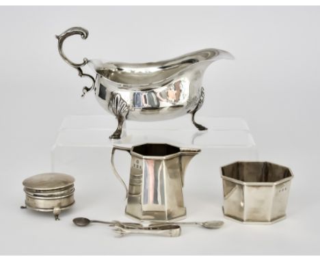 A George V Silver Octagonal Sugar Basin and Cream Jug and Mixed Silverware, the sugar basin and cream jug by Alexander Clark 