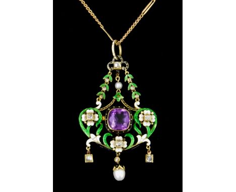 An Enamel and Gem Set Pendant, Early 20th Century, floral swag pendant, set with small diamonds, around a centre amethyst sto