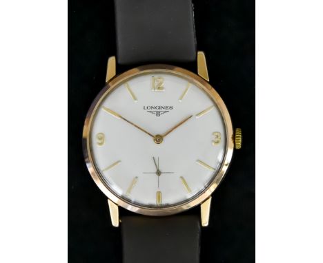 A Gentleman's Manual Wind Wristwatch by Longines, 18ct gold case, 33mm diameter, silver dial, gold Arabic baton numerals, on 