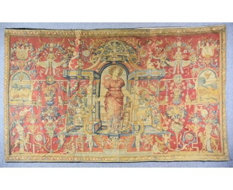 A 20th Century Flemish Tapestry of 16th Century Aubusson Design, woven in colours, with narrative scene of classical beauty i