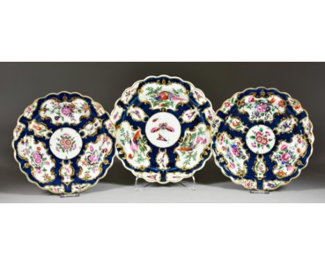 A Matched Pair of Worcester Scale Blue Porcelain Plates of Shaped Outline, Circa 1760-70, enamelled in colours with flowers w