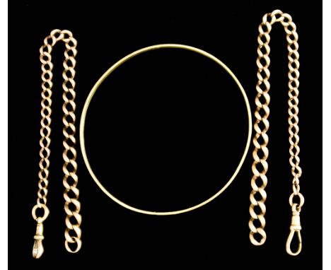 Three Bracelets, 20th Century, comprising - 9ct gold stiff bangle, approximately 240mm circumference, and two chain bracelets