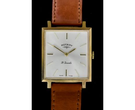 A Gentleman's Manual Wind Wristwatch by Rotary, 9ct gold square case, 25mm x 25mm, silver dial with gold baton numerals, non 