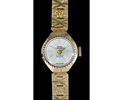 A 20th Century Lady's Manual Wind Wristwatch by Swiss Empress, 9ct gold case, 19mm diameter, silver dial with gold baton nume