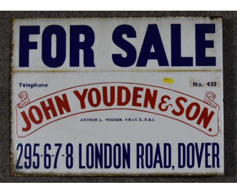 A "John Youden &amp; Son" Enamel Double- Sided Advertising Sign, worded "Telephone No.433 For Sale John Youden &amp; Sons Art