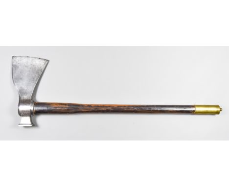 An 18th/19th Century Continental Axe, 7ins x 13ins, hammer back head, wood shaft, brass top and end caps, 38ins overall