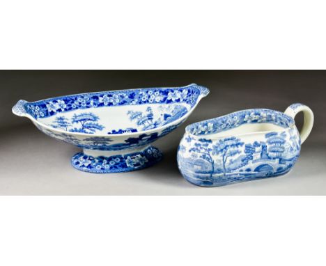 A Copeland Late Spode Blue and White Pottery Bordalou and Oval Two-Handled Tazza, 19th Century, each printed with tower patte