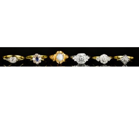 Six 18ct Gold Gem Set Rings, comprising - four diamond set rings sizes, P,P,P,S, and two other gem set rings, sizes M, Q, tot