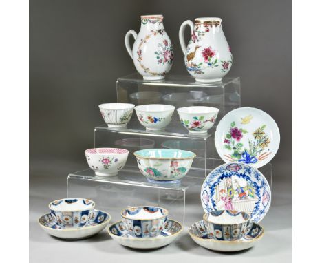 A Collection of Chinese Porcelain Tea Bowls, Saucers and Jugs, including - three teabowls and saucers decorated in blue, red,