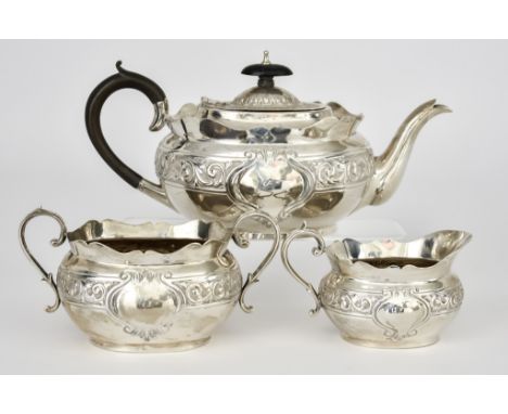 An Edward VII Silver Oval Three-Piece Tea Service by Charles Westwood &amp; Sons, Birmingham 1905, with shaped rims, the bulb