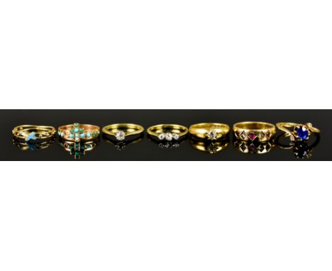 Seven 18ct Gold Gem Set Rings, sizes, N,M,O,M,M,M and L, total gross weight 18.4g