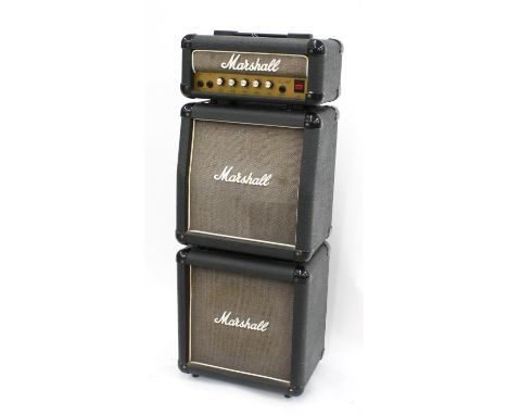 1986 Marshall Lead 12 guitar amplifier set with head, one matching angled and one straight speaker cabinet, ser. no. U35944 