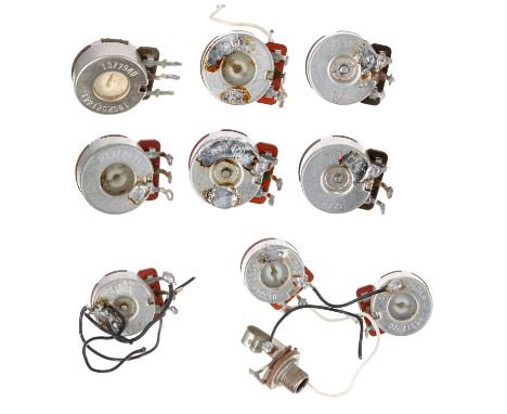 Selection of eight 1976 CTS guitar potentiometers including a set of two week 20 wired with jack socket; also a 1979 amplifie