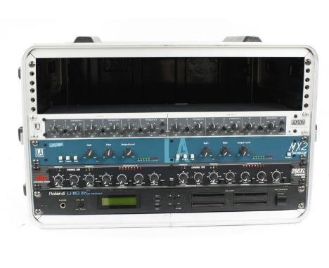 Stagg rack case fitted with four studio racks to include a Roland U-110 PCM sound module, a DBX 266XL compressor/gate, an LA 