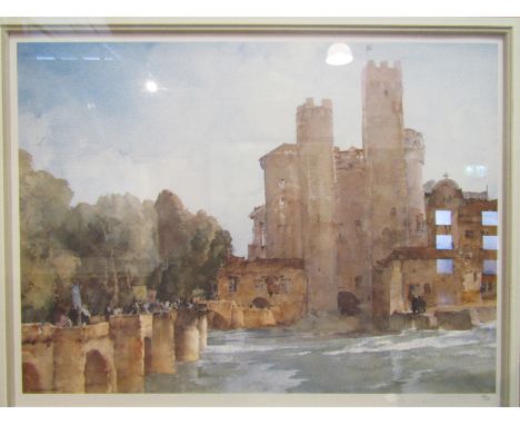 A limited edition lithograph after Sir William Russell Flint (1880-1969), Barbaste, South West France, The Roman bridge besid