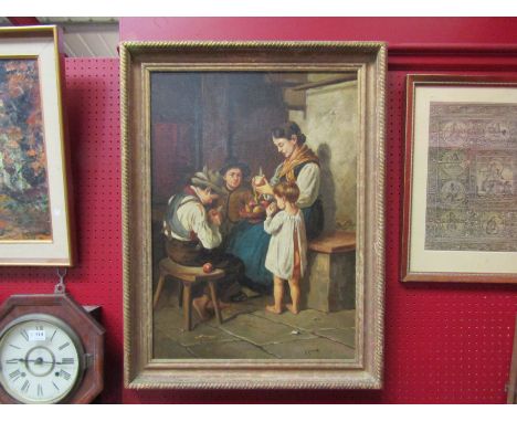 G. GIOVANETTI: An early 20th Century oil on canvas, portrait group study of mother and children peeling apples, framed, 48x68