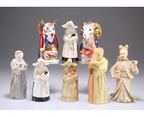 A GROUP OF PORCELAIN CANDLESNUFFERS COMPRISING TWO ROYAL WORCESTER LIMITED EDITION SNUFFERS, RAM AND DRAGON, A ROYAL WORCESTE