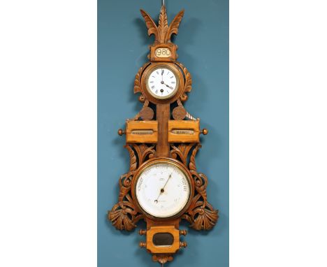 A VICTORIAN CARVED OAK CLOCK, CALENDAR AND BAROMETER, signed Rook / Westgate / Bradford. 78cm
