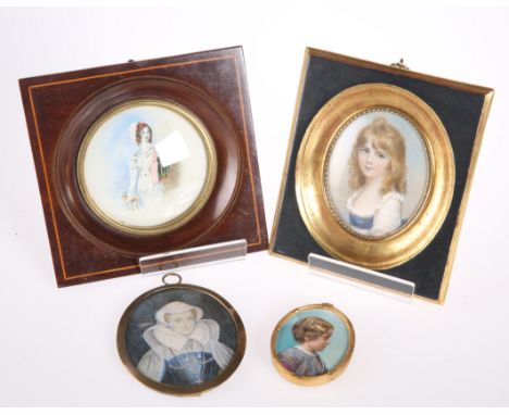 FOUR 18TH CENTURY AND LATE PORTRAIT MINIATURES, including an 18th century example of a young girl, measures 14cm by 12cm, fra