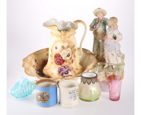 A QUANTITY OF CERAMICS, INCLUDING; A LARGE BISQUE PORCELAIN GROUP OF A MAN AND LADY, 41cm high; A BLUSH GLAZED POTTERY TOILET