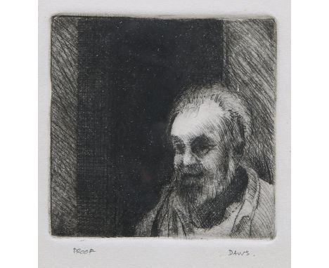 LAWRENCE DAWS (AUSTRALIAN, BORN 1927), PORTRAIT OF A MAN, proof, signed in pencil, dedicated 'for Chris &amp; Rose', etching,