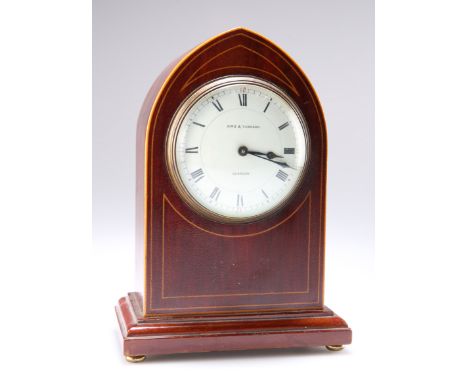 AN EDWARDIAN INLAID MAHOGANY MANTEL CLOCK, signed Aird &amp; Thomson, Glasgow. 21cm high