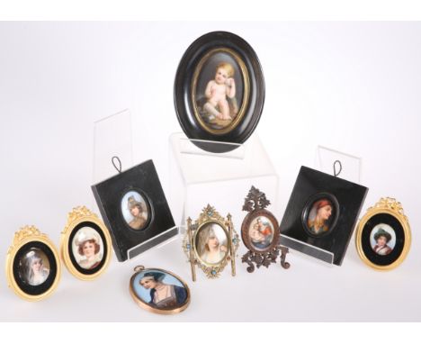 NINE VARIOUS 19TH CENTURY AND LATER PORTRAIT MINIATURES ON ENAMEL,&nbsp;including an example depicting an infant with a seash