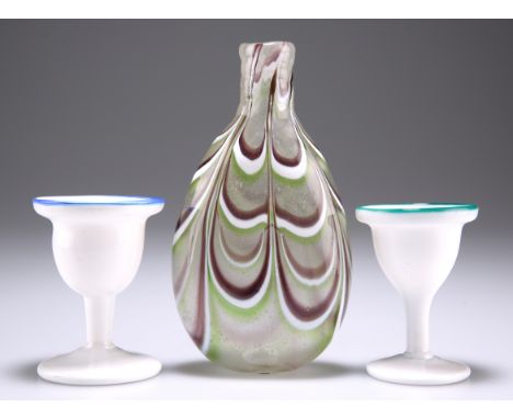 TWO REGENCY WHITE GLASS EGG CUPS, with coloured rims, 7.5cm high; AND A NAILSEA CLEAR GLASS FLASK, with coloured trailing dec